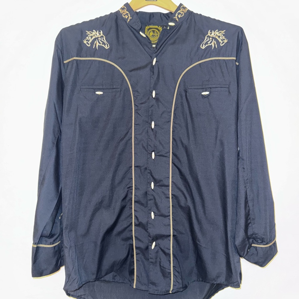 Men's Navy Embroidered Western Shirt